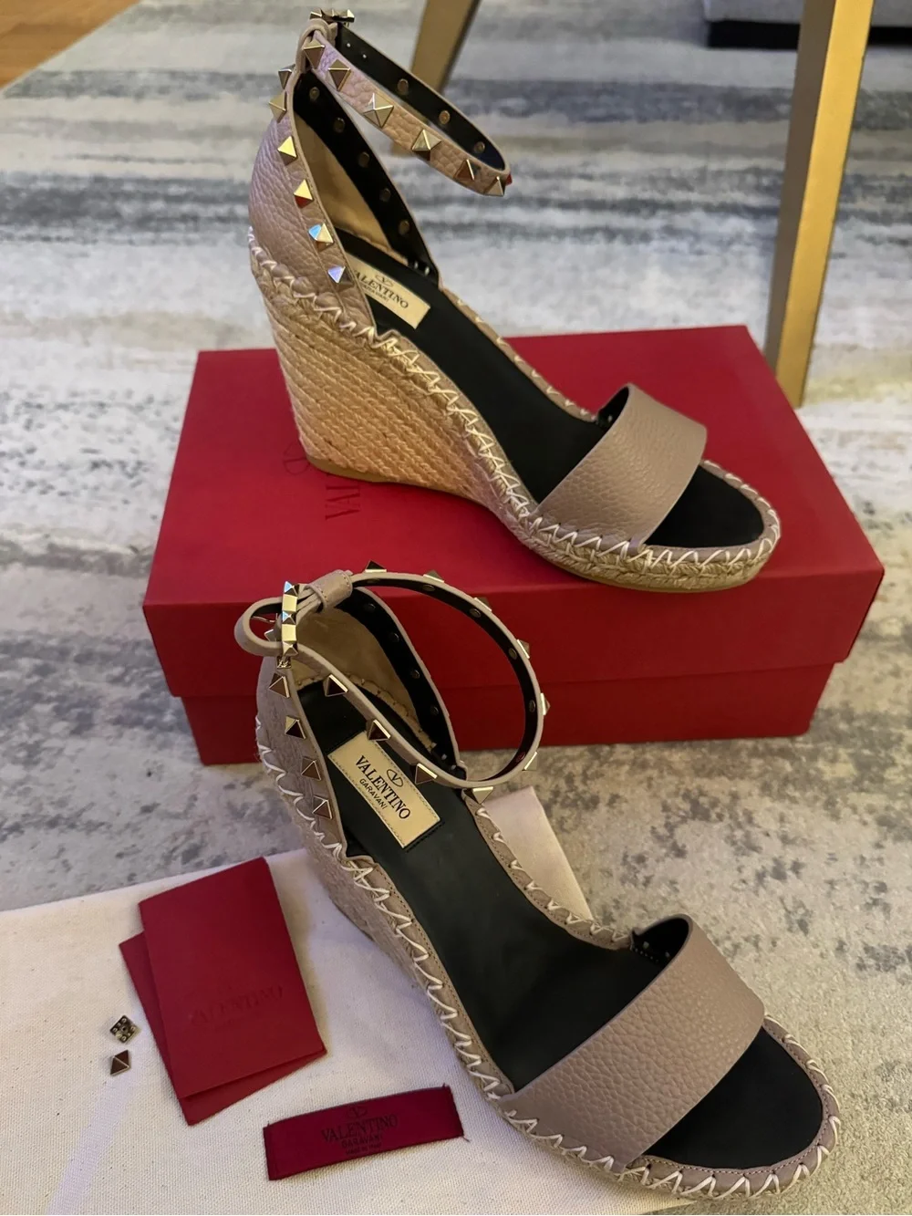 🆕 Valentino Garavani Double Rockstud Grainy Calfskin Sandal 105 MM Espadrilles